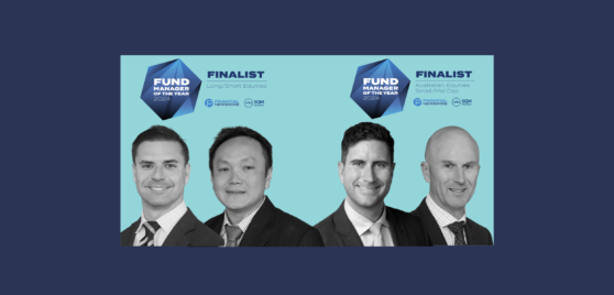 Marc Whittaker, Tuan Luu, Lucas Goode, Simon Conn and finalist badges for Financial Newswire awards